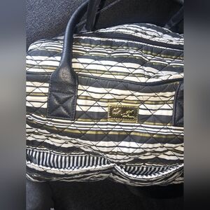 Betsey Johnson Black, Off White, Gold Striped Large Quilted Weekender Tote